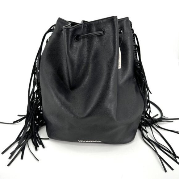 Victoria's Secret Black Faux Leather Adjustable Fringe Large Sling Backpack NEW - Picture 2 of 7